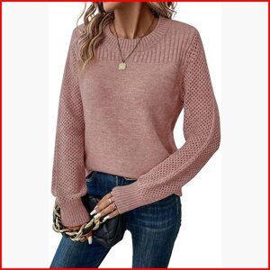Long Sleeve Crewneck Crochet Knit Pullover Sweater Casual Tunic Top